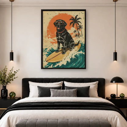 Surfing Black Labrador Retro Wall Art 4