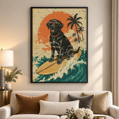 Surfing Black Labrador Retro Wall Art 5
