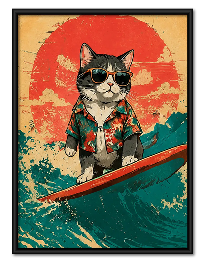 Surfing Cat Tropical Sunset Wall Art 1