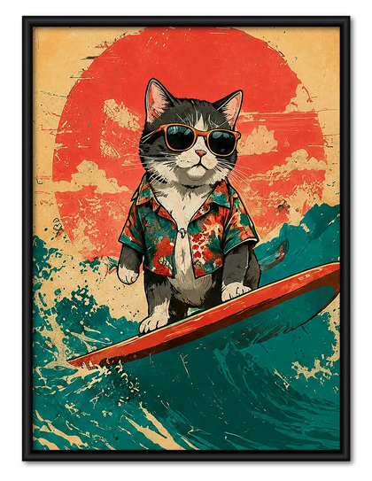 Surfing Cat Tropical Sunset Wall Art