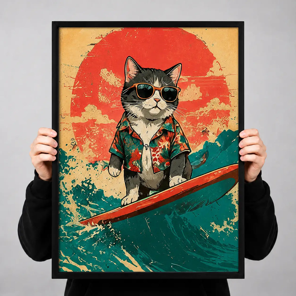 Surfing Cat Tropical Sunset Wall Art 3