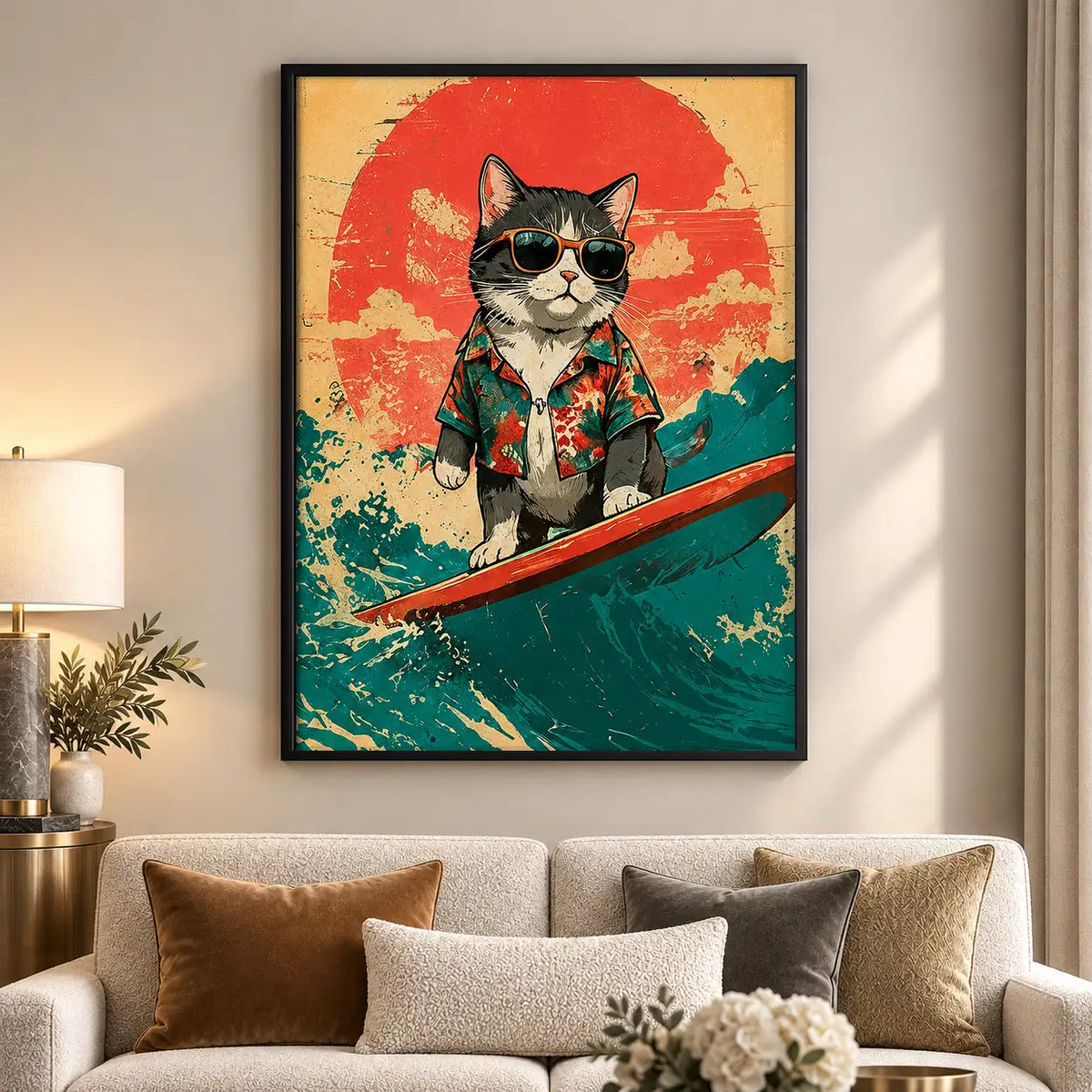 Surfing Cat Tropical Sunset Wall Art 5