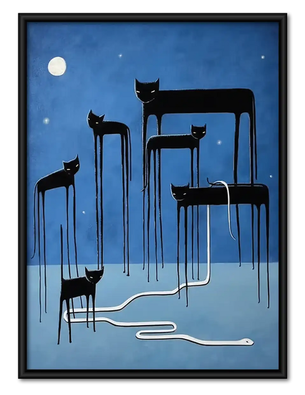 Surreal Black Cat City Lines Wall Art