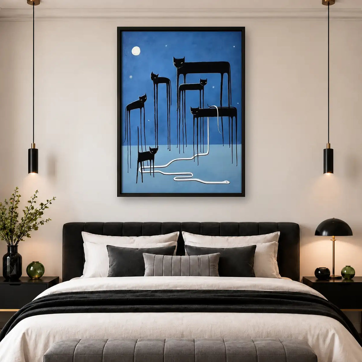 Surreal Black Cat City Lines Wall Art 4