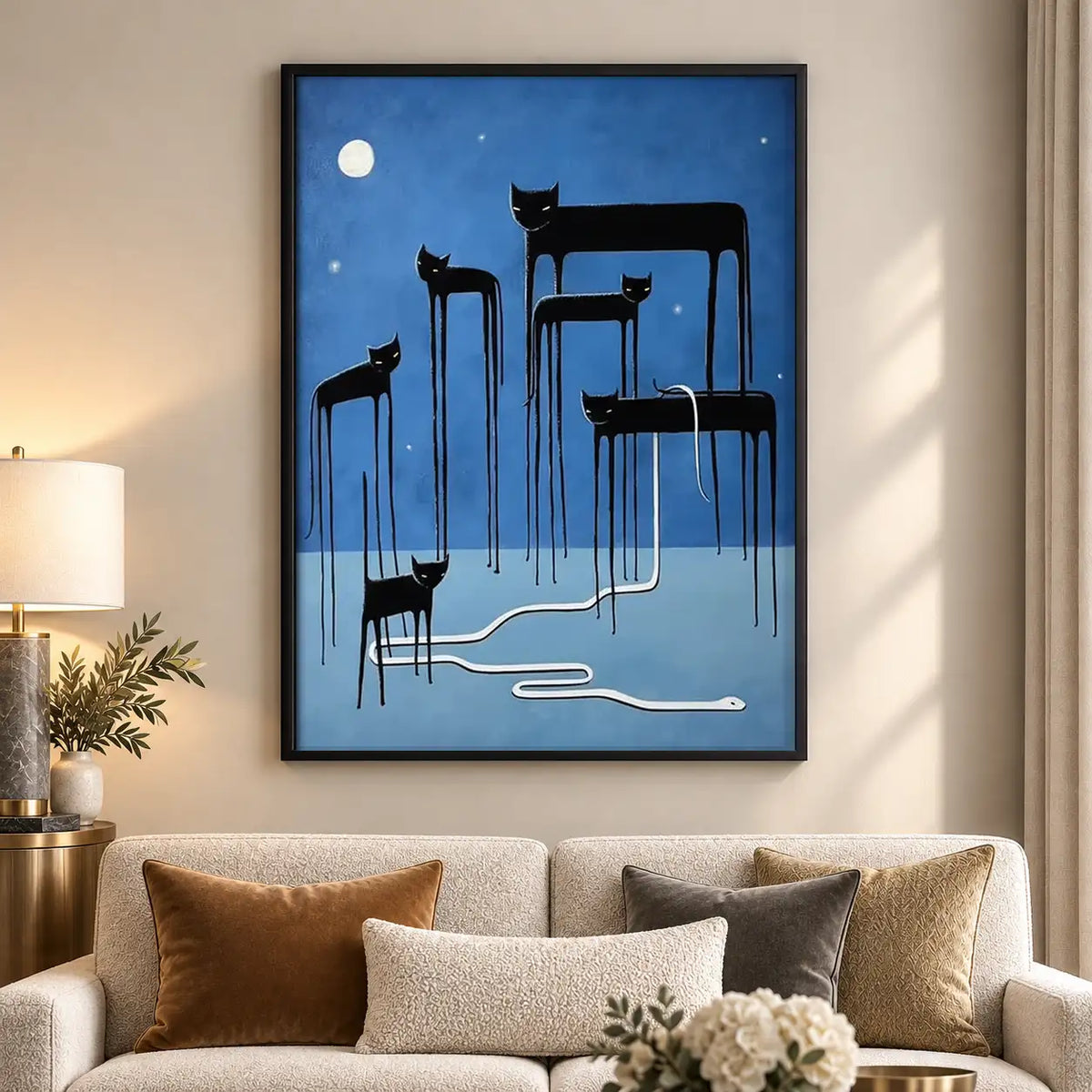 Surreal Black Cat City Lines Wall Art 5
