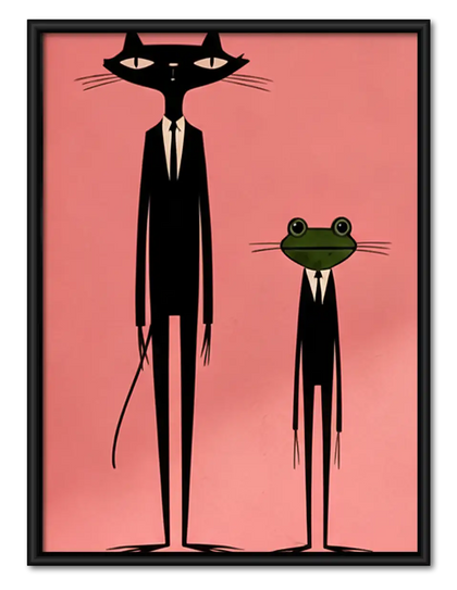 Tall Black Cat and Green Frog Wall Art