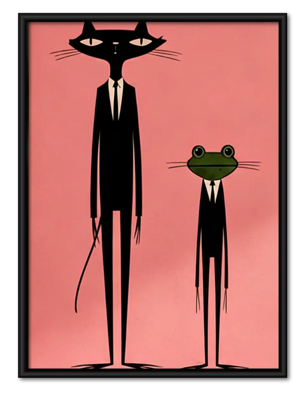 Tall Black Cat and Green Frog Wall Art