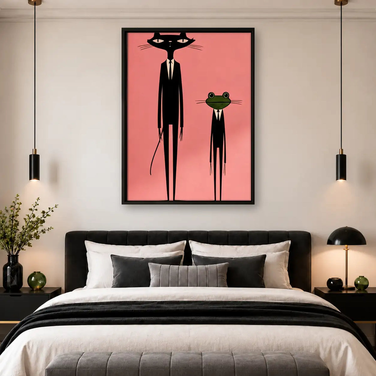 Tall Black Cat and Green Frog Wall Art 4