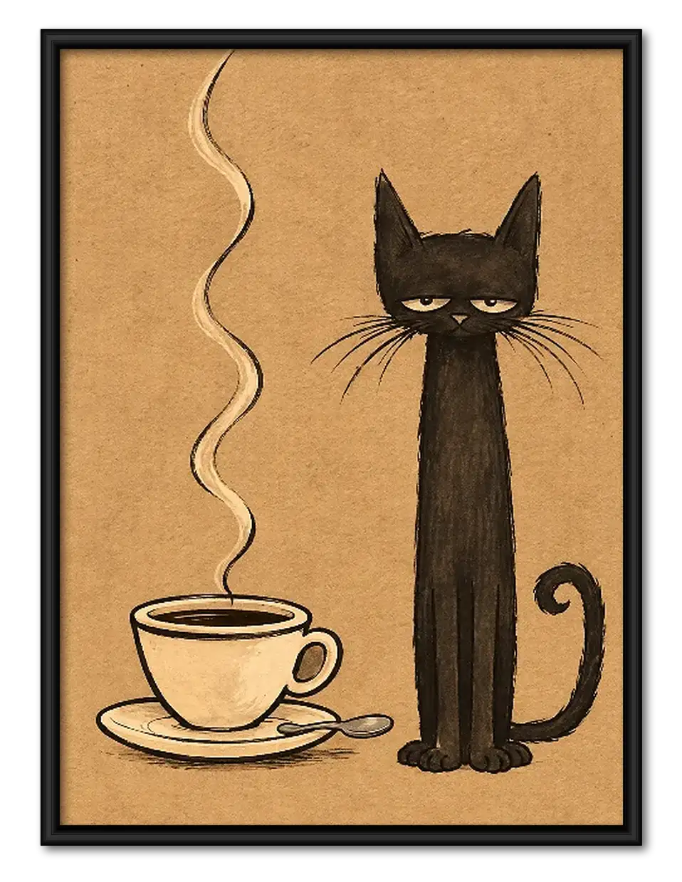 Tall Black Cat with Coffee Wall Art 1