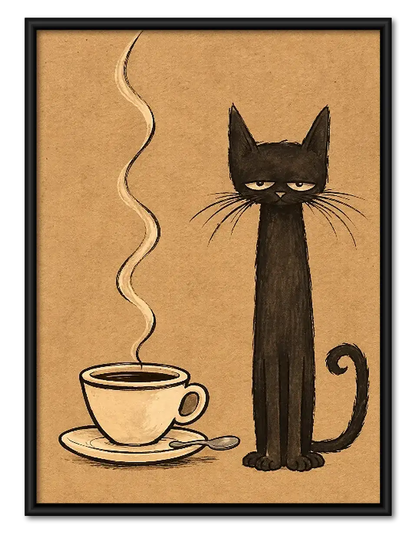 Tall Black Cat with Coffee Wall Art 1