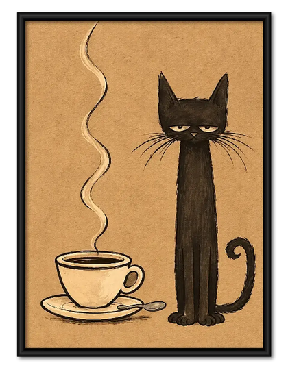 Tall Black Cat with Coffee Wall Art