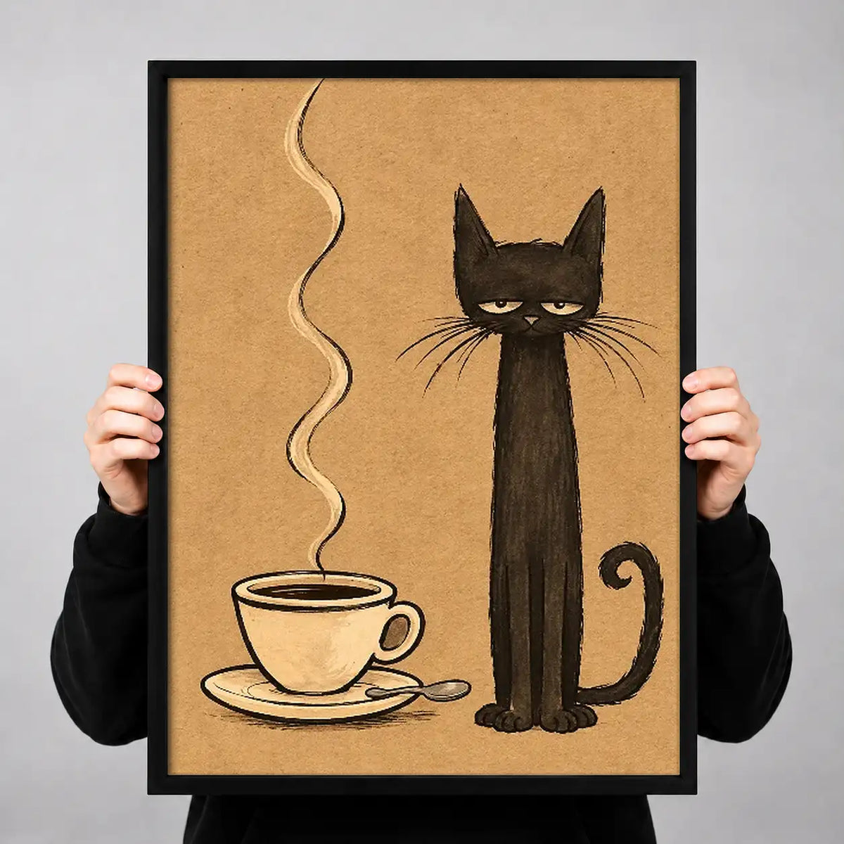 Tall Black Cat with Coffee Wall Art 3