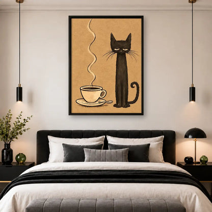 Tall Black Cat with Coffee Wall Art 4