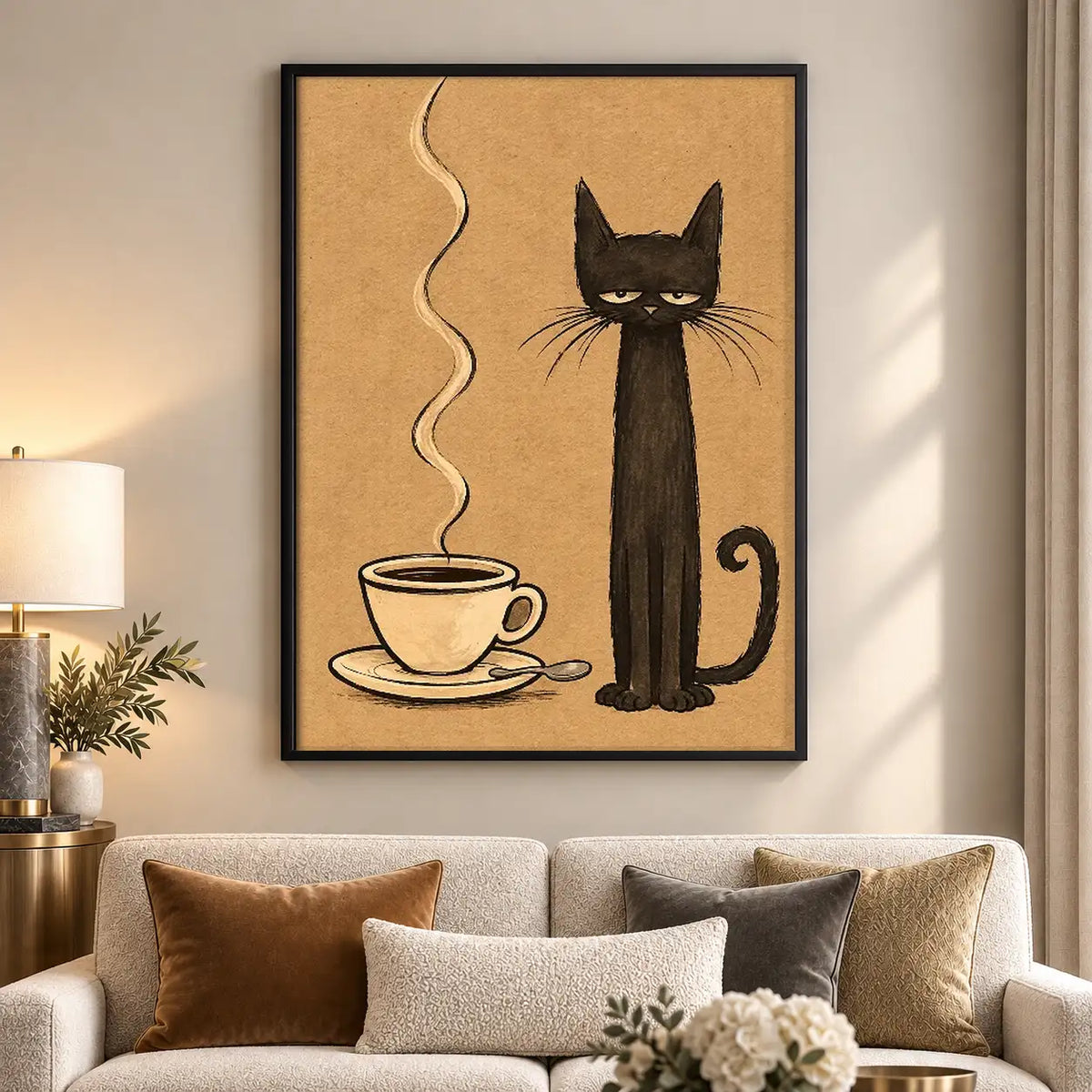 Tall Black Cat with Coffee Wall Art 5