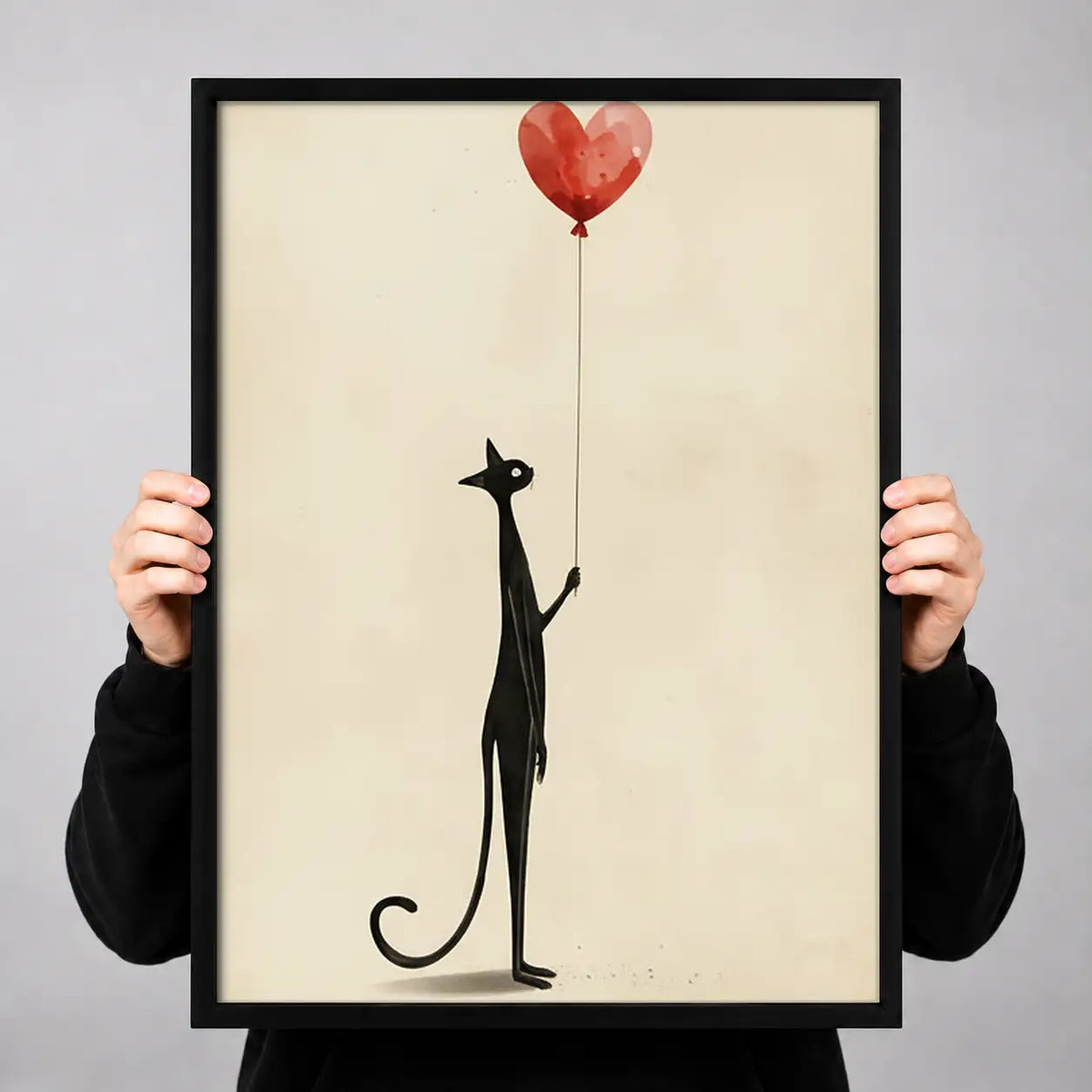 Tall Black Cat with Heart Balloon Wall Art 3