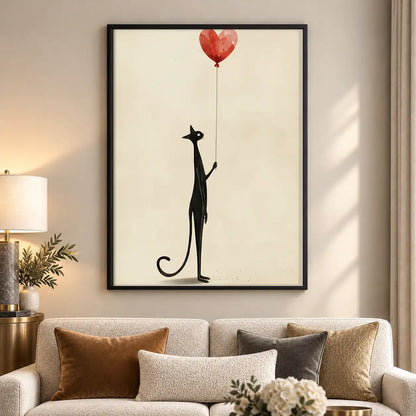Tall Black Cat with Heart Balloon Wall Art 5