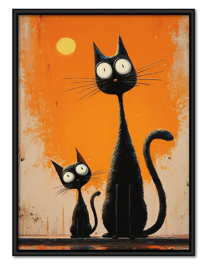 Tall Black Cats on Orange Wall Art