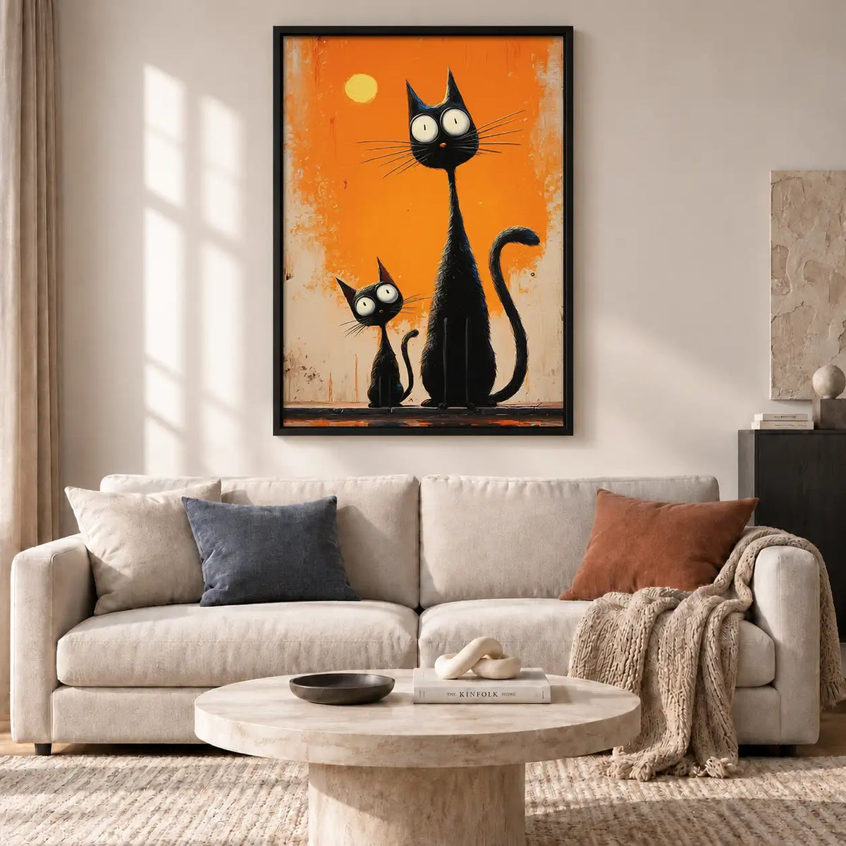 Tall Black Cats on Orange Wall Art 2