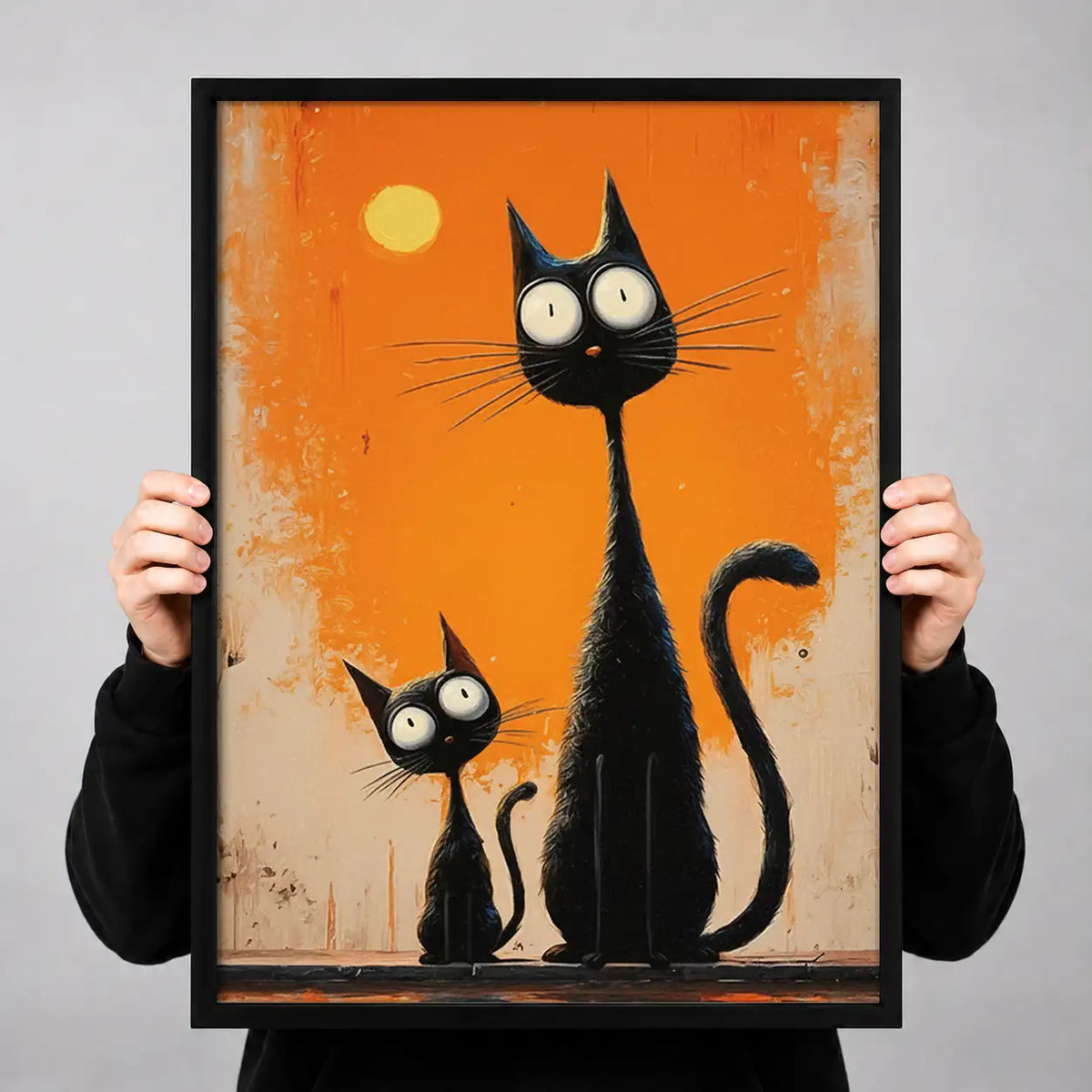 Tall Black Cats on Orange Wall Art 3