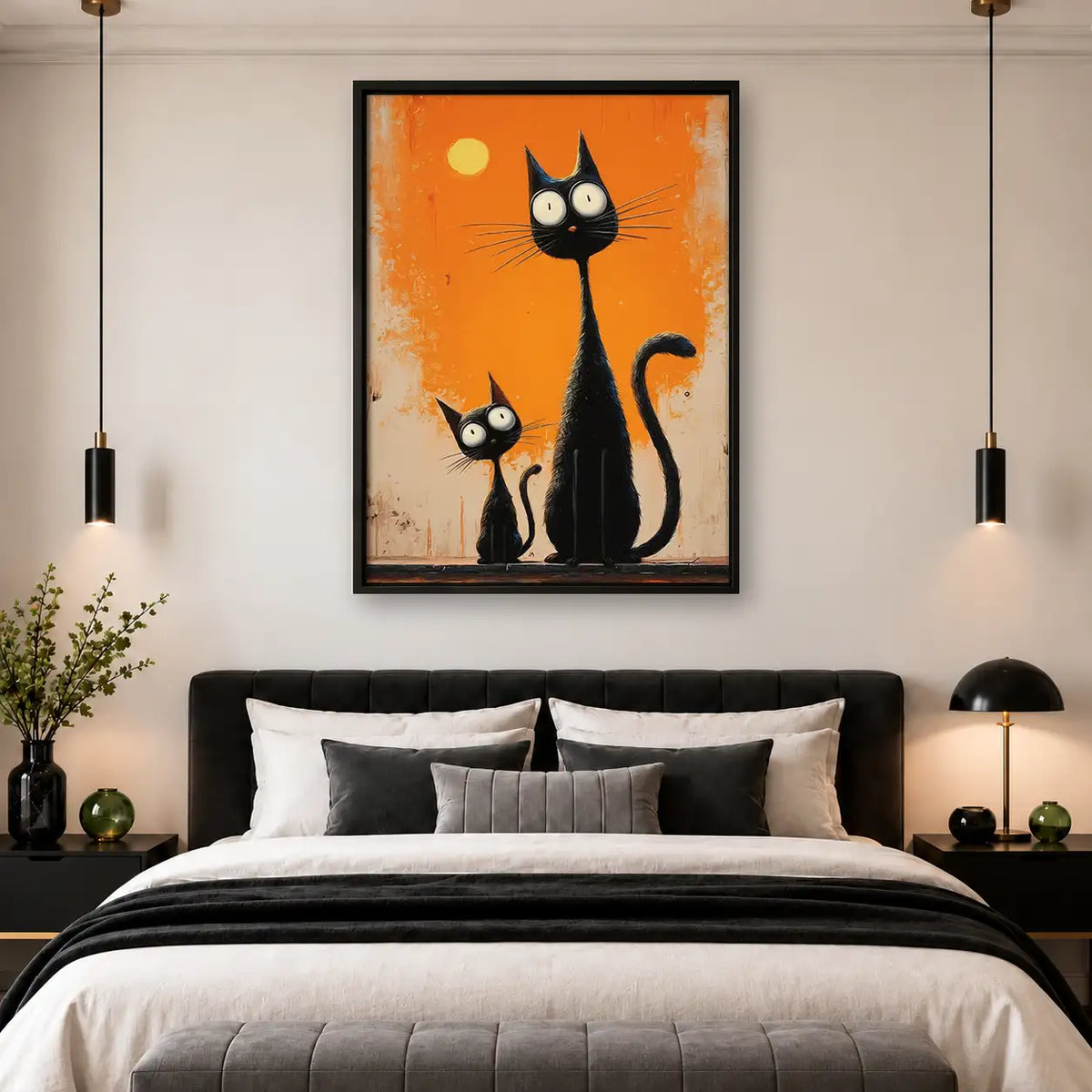 Tall Black Cats on Orange Wall Art 4