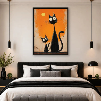 Tall Black Cats on Orange Wall Art 4