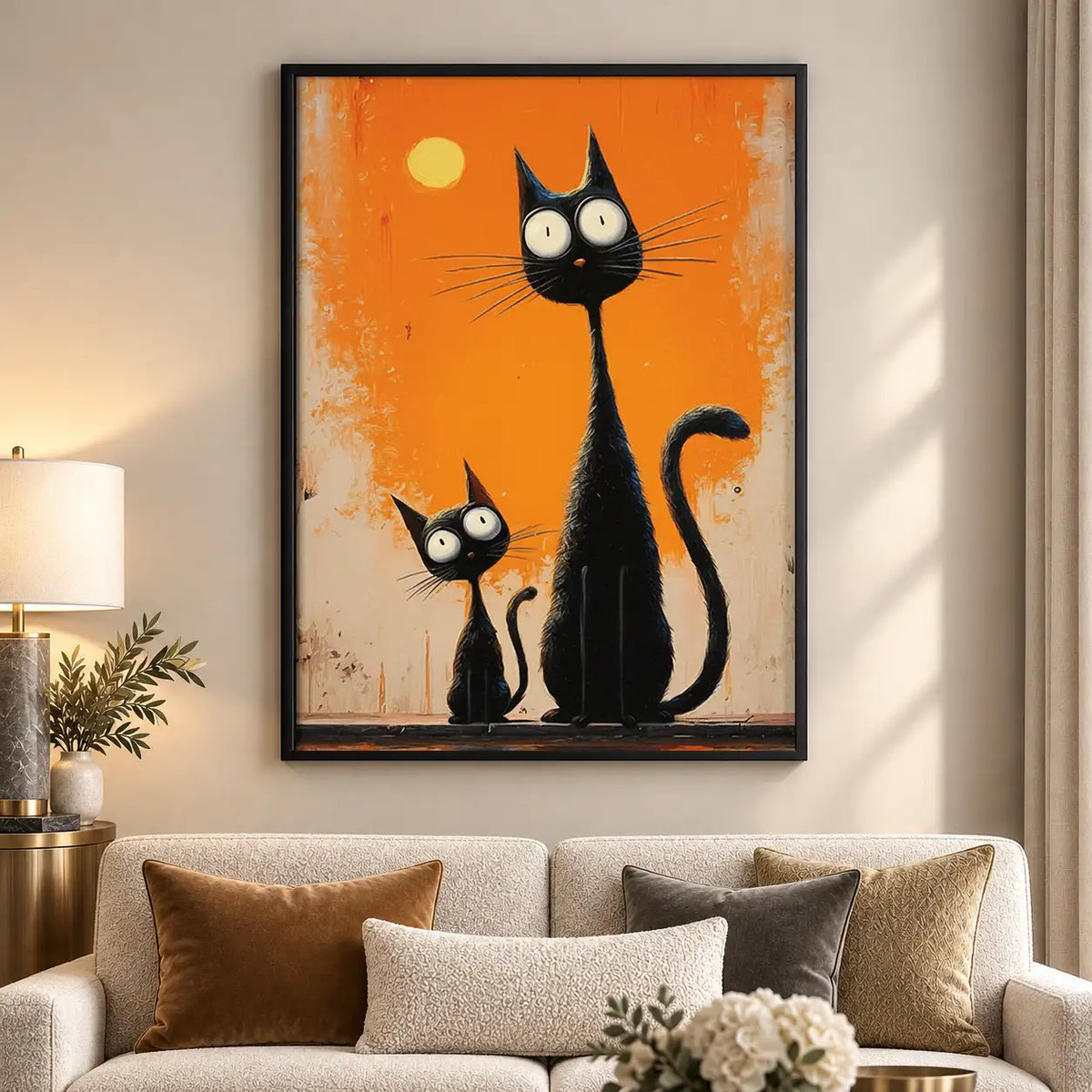 Tall Black Cats on Orange Wall Art 5