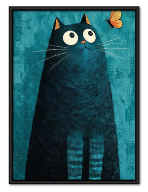 Tall Blue Black Cat with Butterfly Wall Art