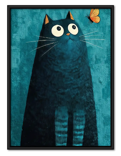 Tall Blue Black Cat with Butterfly Wall Art