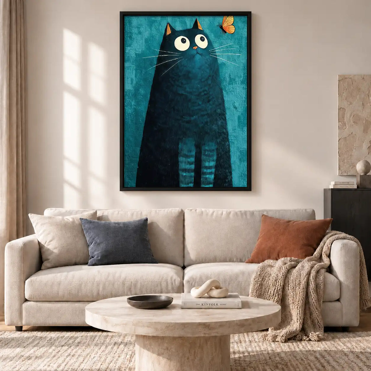 Tall Blue Black Cat with Butterfly Wall Art 2