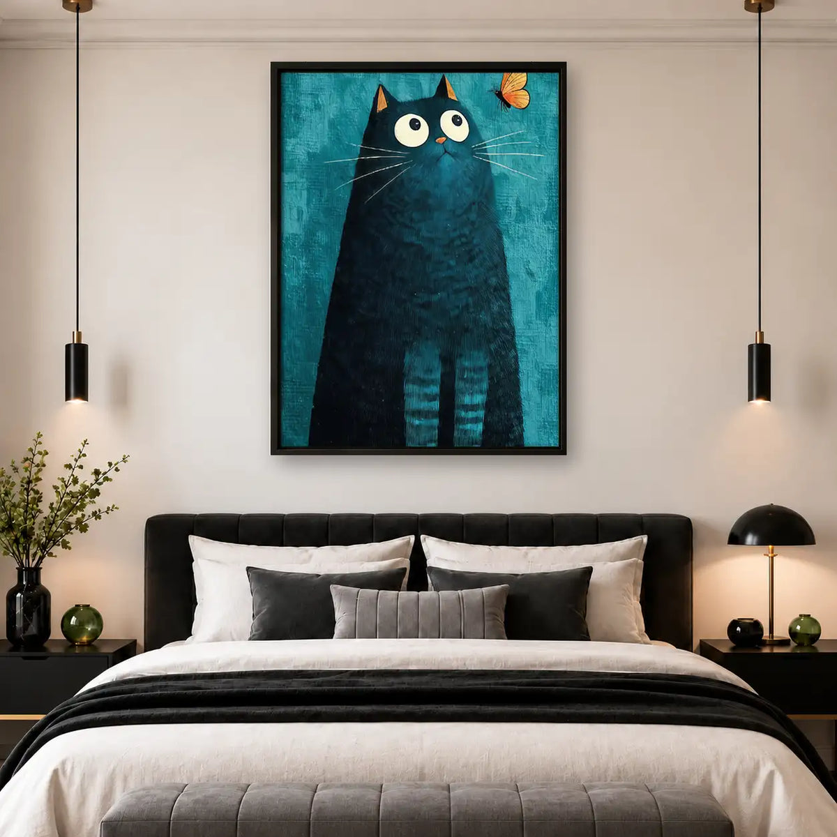 Tall Blue Black Cat with Butterfly Wall Art 4