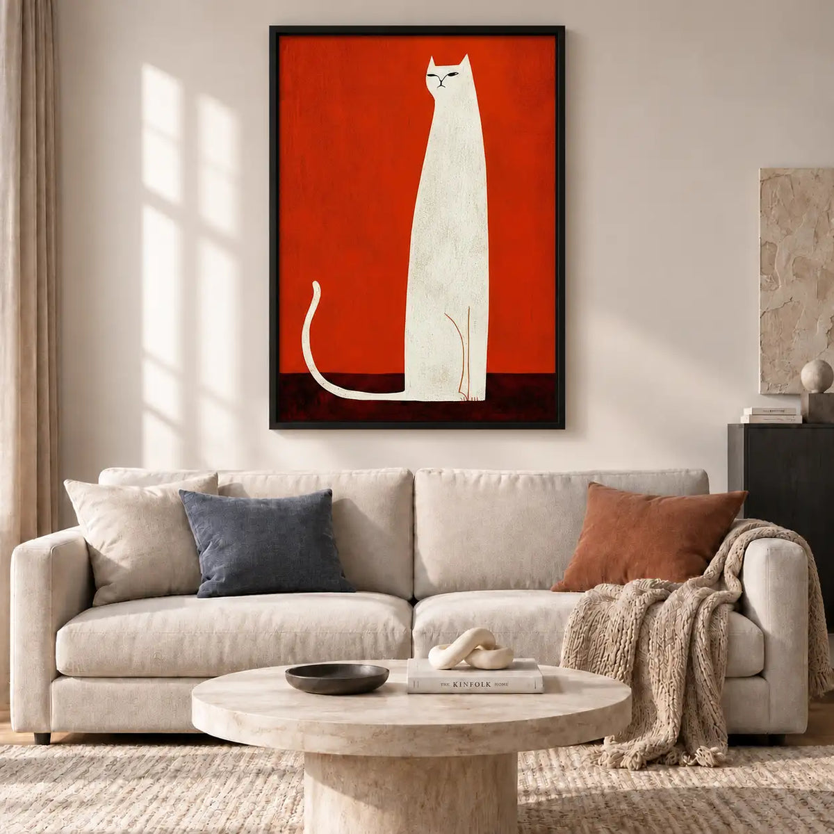 Tall White Cat on Red Wall Art 2