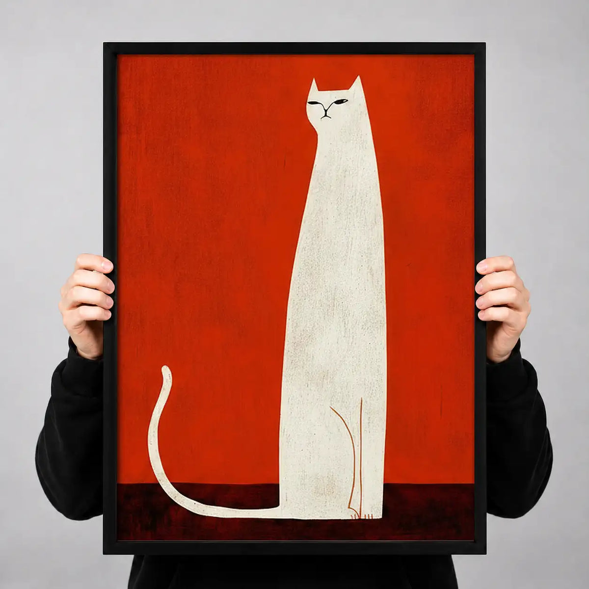 Tall White Cat on Red Wall Art 3