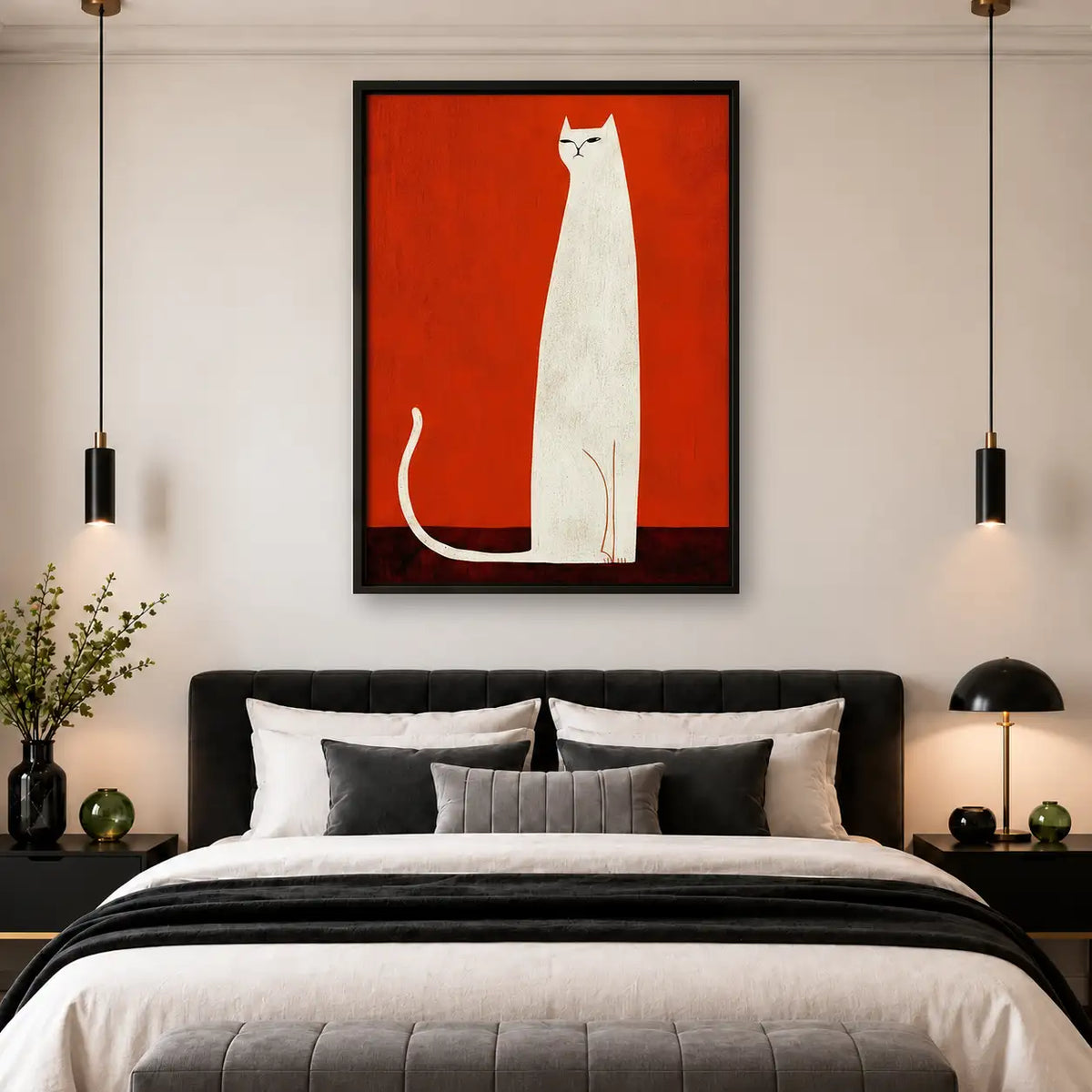 Tall White Cat on Red Wall Art 4