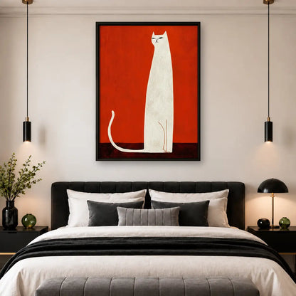 Tall White Cat on Red Wall Art 4