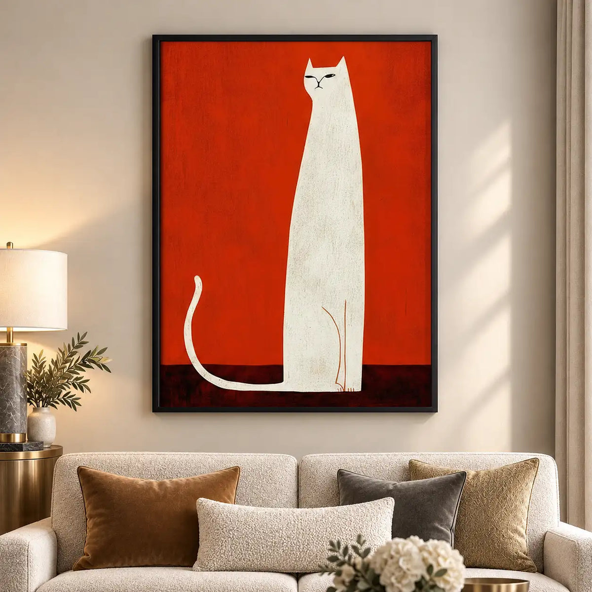 Tall White Cat on Red Wall Art 5