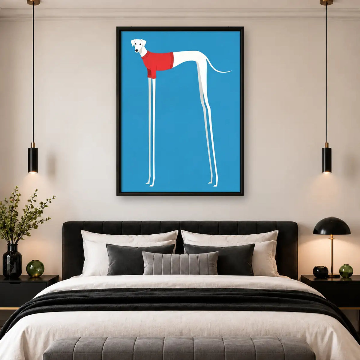 Tall White Greyhound on Blue Wall Art 4