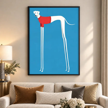 Tall White Greyhound on Blue Wall Art 5