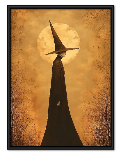 Tall Witch Silhouette Beneath Golden Moon Wall Art 1