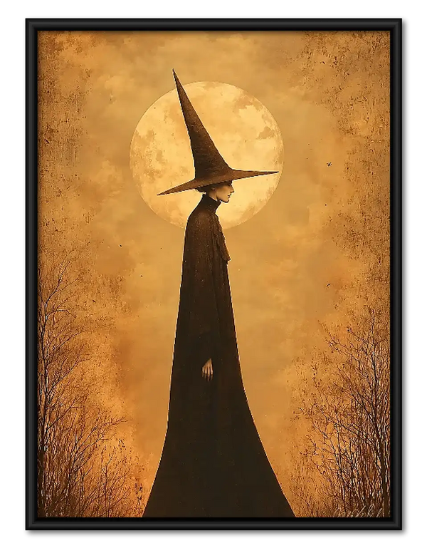 Tall Witch Silhouette Beneath Golden Moon Wall Art