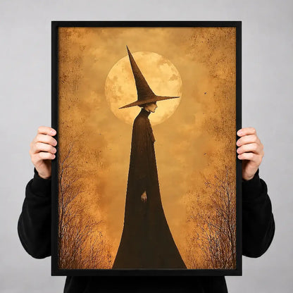 Tall Witch Silhouette Beneath Golden Moon Wall Art 3