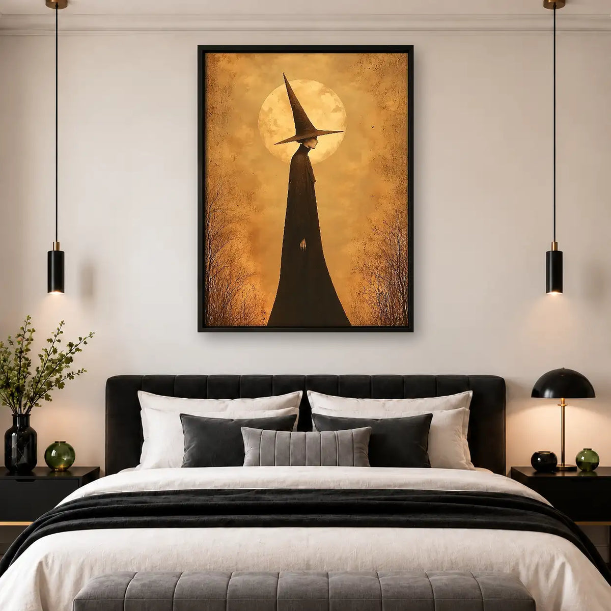 Tall Witch Silhouette Beneath Golden Moon Wall Art 4
