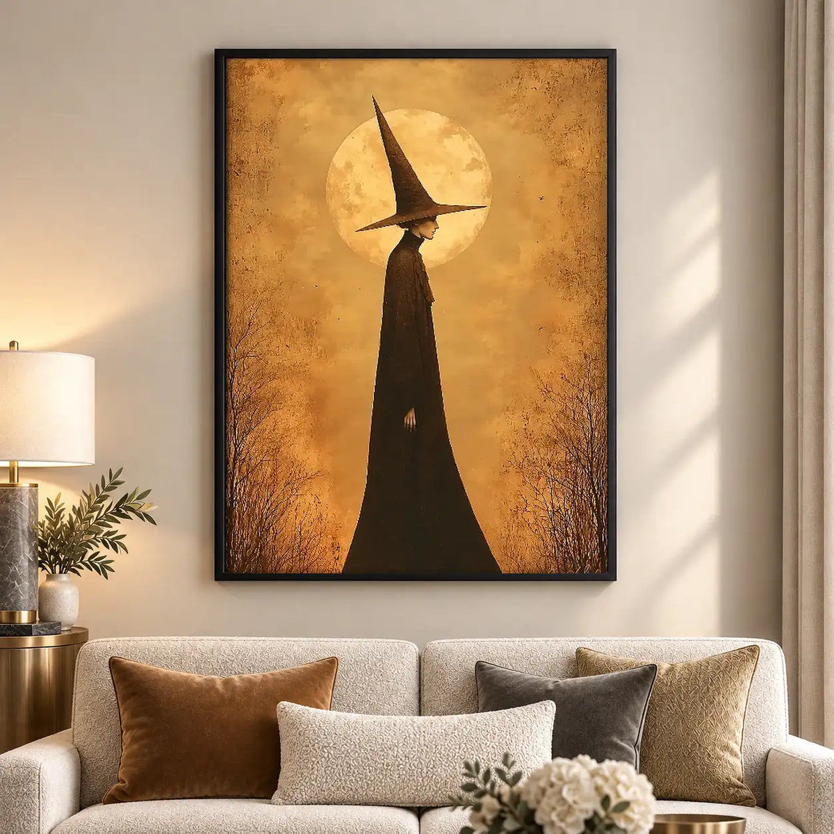 Tall Witch Silhouette Beneath Golden Moon Wall Art 5