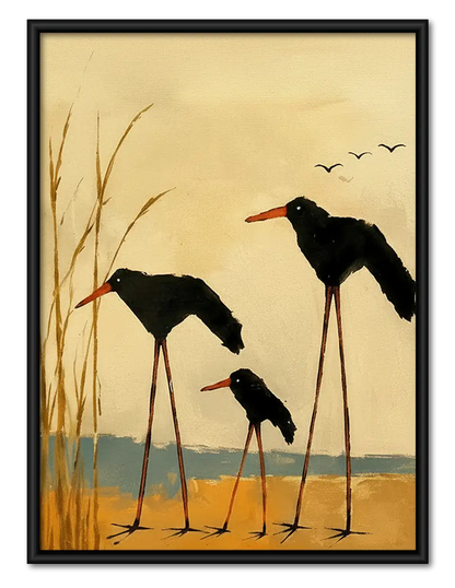 Three Black Birds in Golden Wetland Wall Art 1