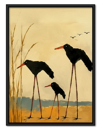 Three Black Birds in Golden Wetland Wall Art