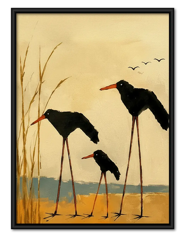 Three Black Birds in Golden Wetland Wall Art