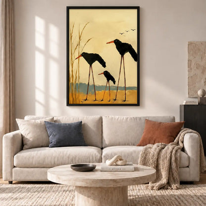 Three Black Birds in Golden Wetland Wall Art 2