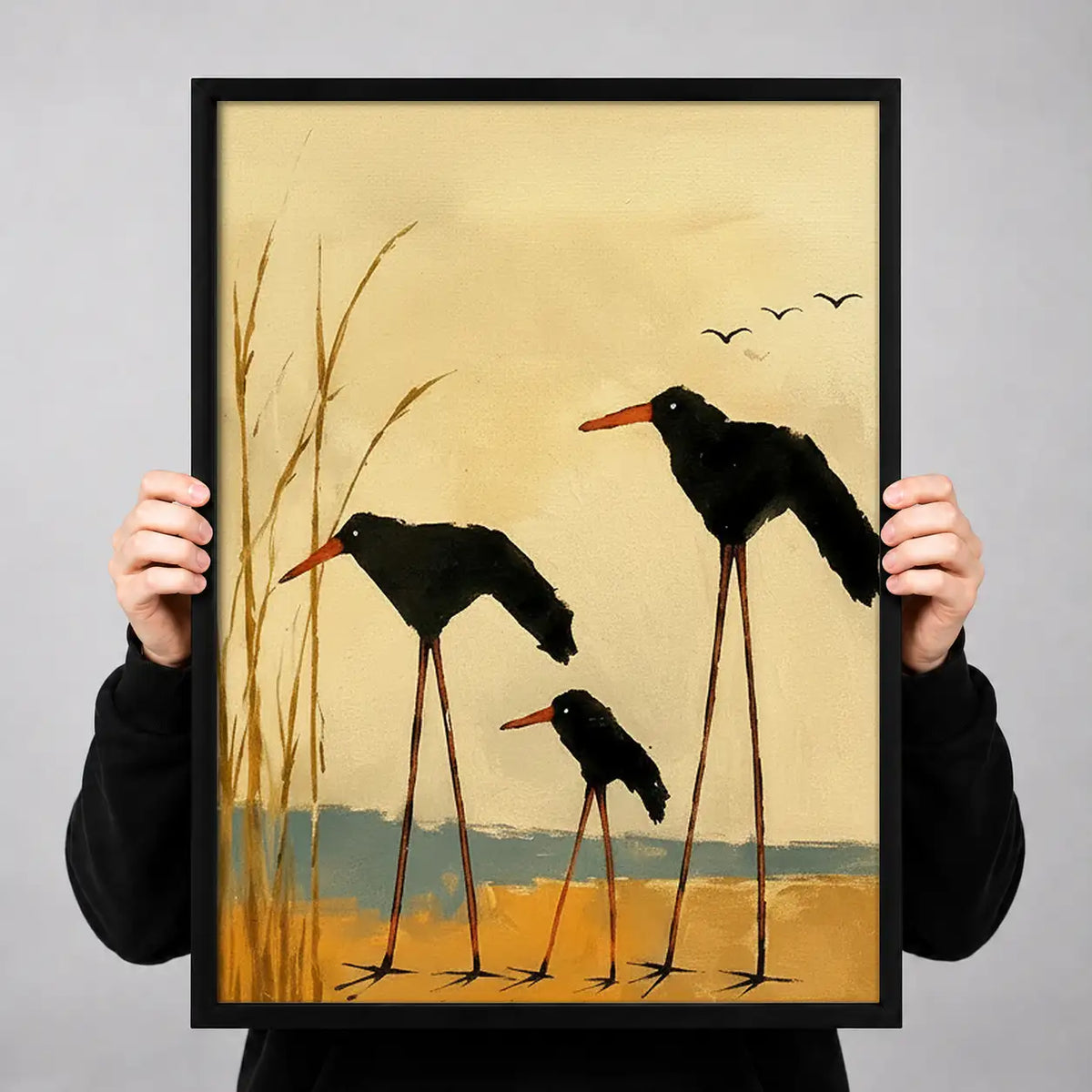 Three Black Birds in Golden Wetland Wall Art 3
