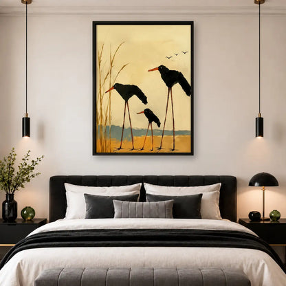 Three Black Birds in Golden Wetland Wall Art 4