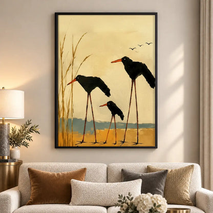 Three Black Birds in Golden Wetland Wall Art 5