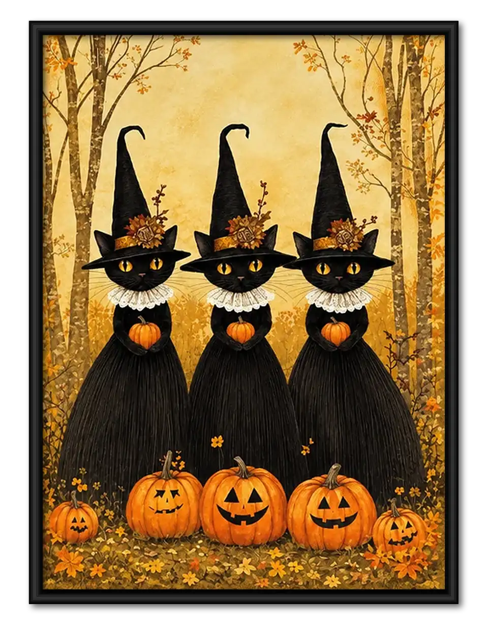 Three Black Cats in Witch Hats Wall Art 1